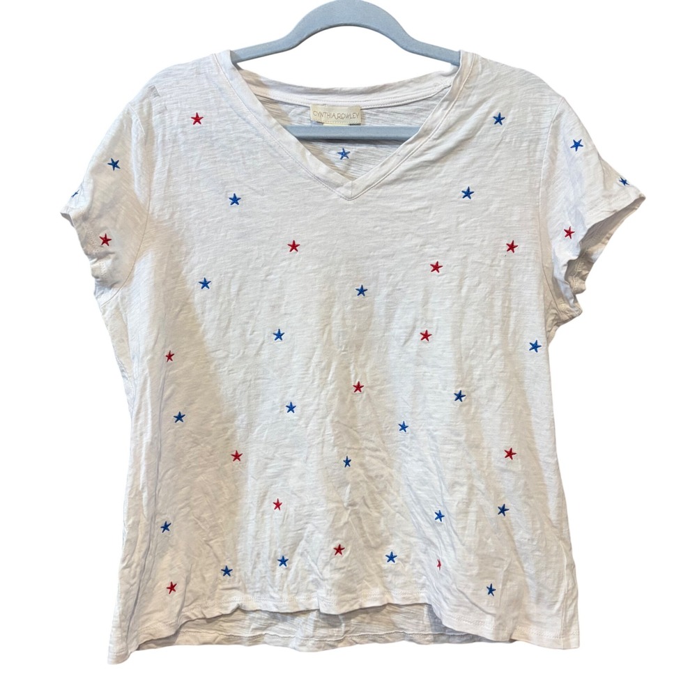 Cynthia Rowley Womens XL White Cotton Embroidered Red Blue Star V-Neck T-Shirt